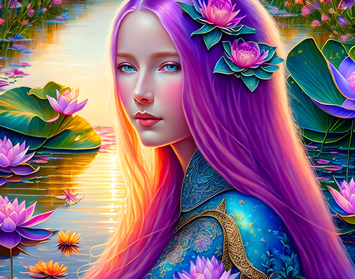 Colorful Illustration: Woman with Purple Hair and Lotus Flowers by Tranquil Pond at Sunset