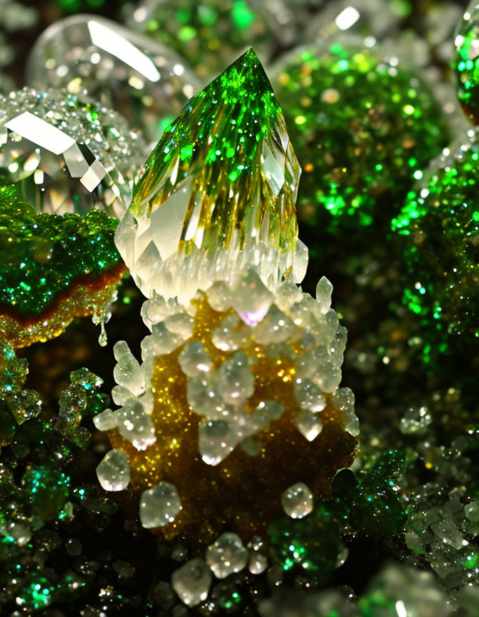 Sharp Faceted Green Gemstone Among Sparkling Crystals Clusters