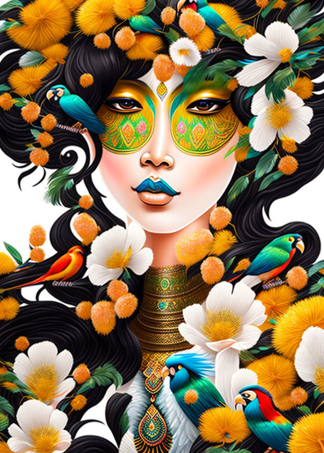 Colorful Illustration of Woman with Exotic Birds & Flowers