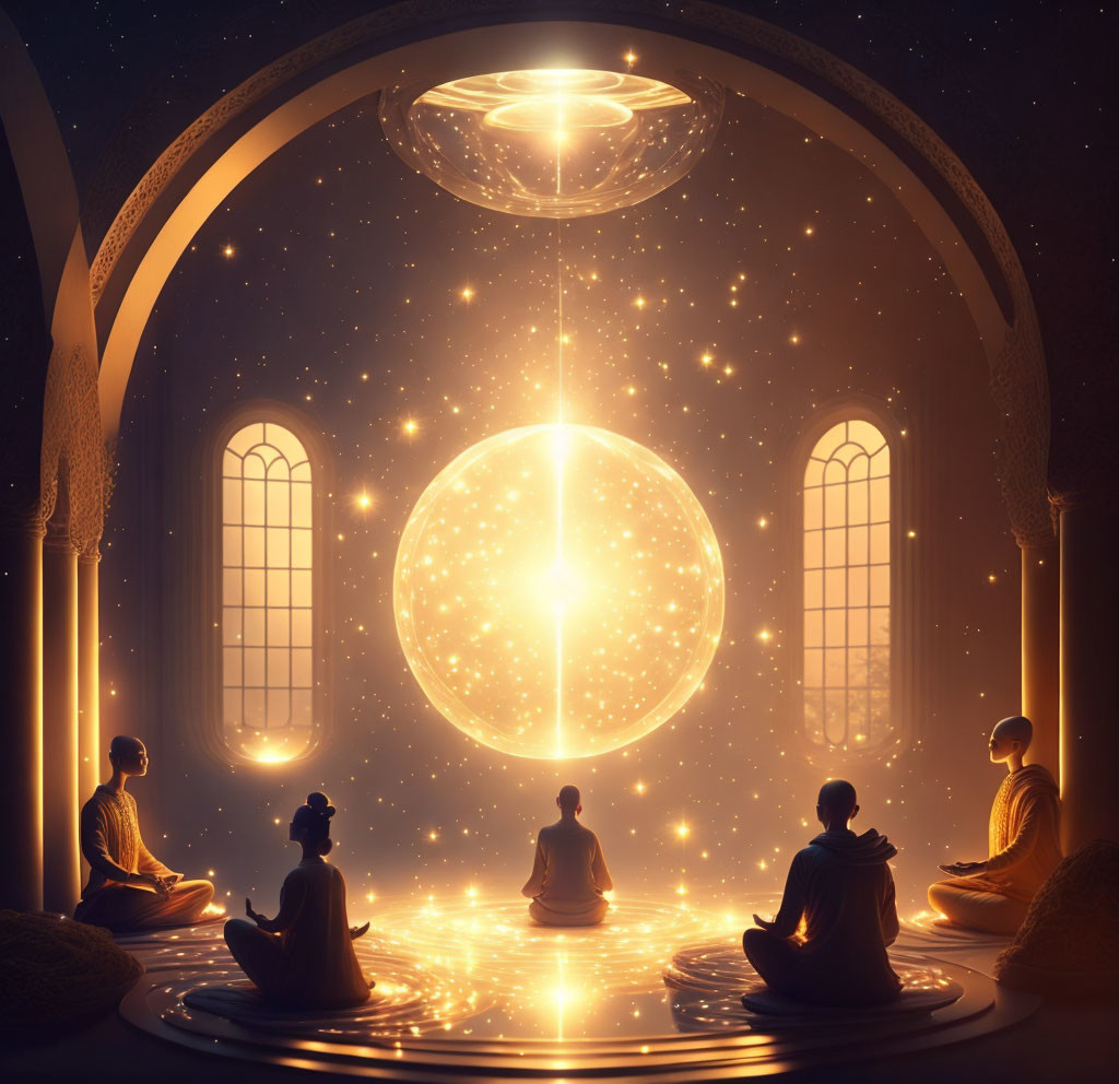 Meditative scene with luminous orb in celestial setting