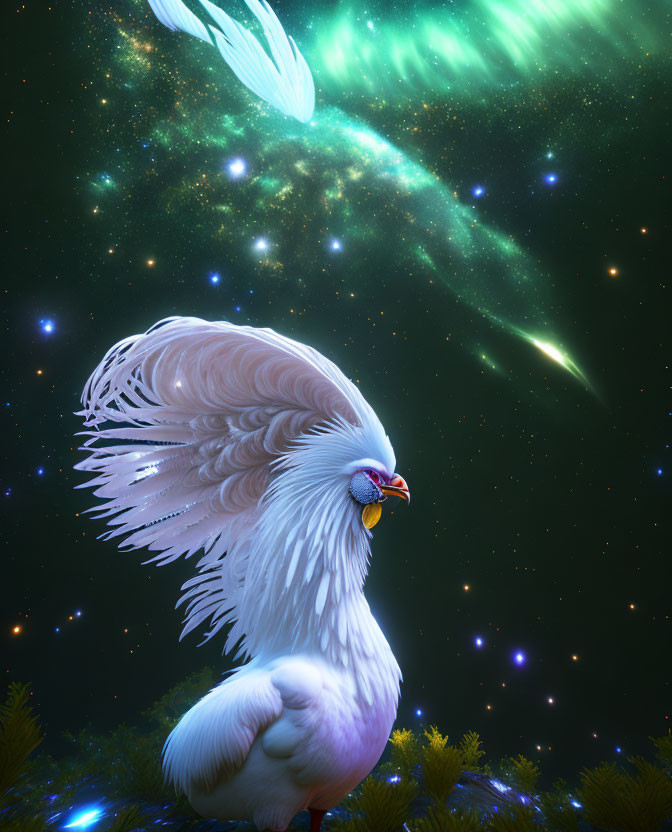 Majestic white fantasy bird under starry sky with comet