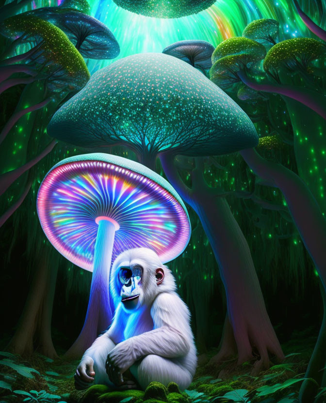 Surreal forest with oversized glowing mushrooms and white monkey