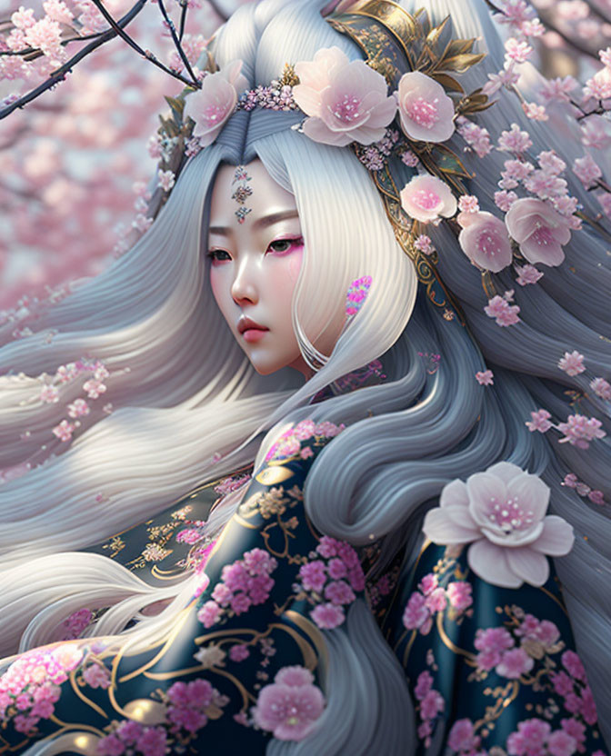 Long Silver-Haired Animated Character in Embroidered Garments Surrounded by Pink Cherry Blossoms