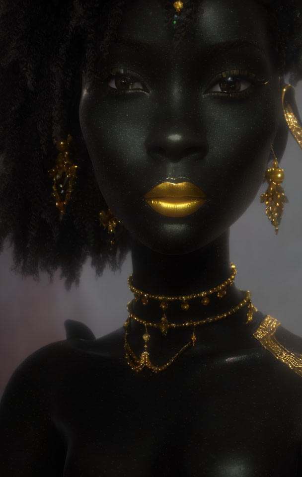 Portrait of person with dark skin, golden eyes, lips, and gold jewelry on grey background