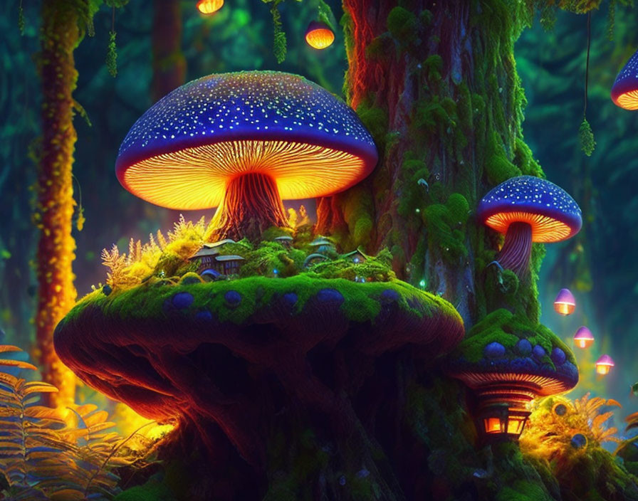 Enchanting forest scene with oversized glowing mushrooms and small house