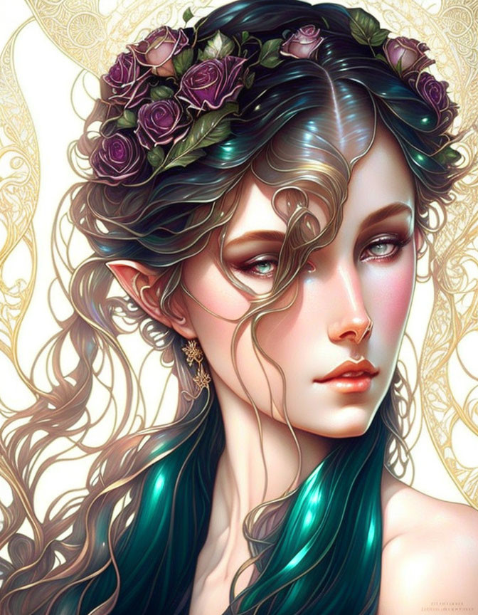 Fantasy Female with Pointed Ears and Teal Hair in Golden Adornments