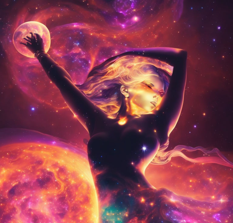 Cosmic-themed illustration of woman with celestial silhouette in vibrant nebula