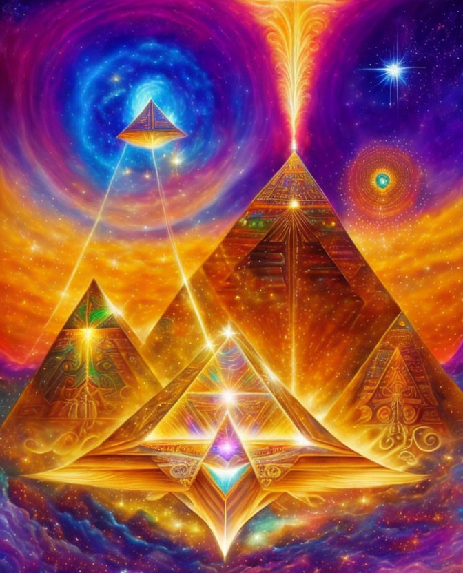 Colorful Painting of Three Pyramids in Cosmic Space