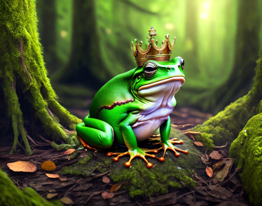 Majestic green frog with golden crown in mystical forest setting