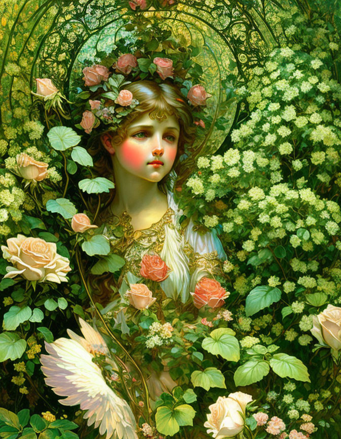 Young woman in lush greenery with halo motif and floral hair decoration