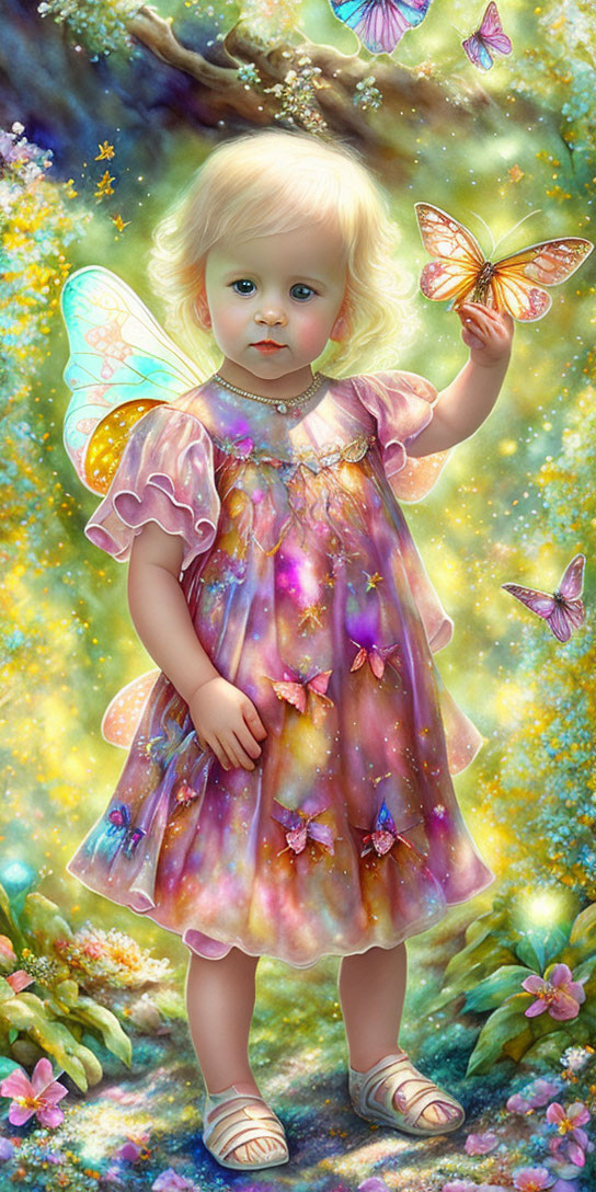 Digital artwork: Young child with fairy wings in magical forest, pastel dress, interacting with butterflies