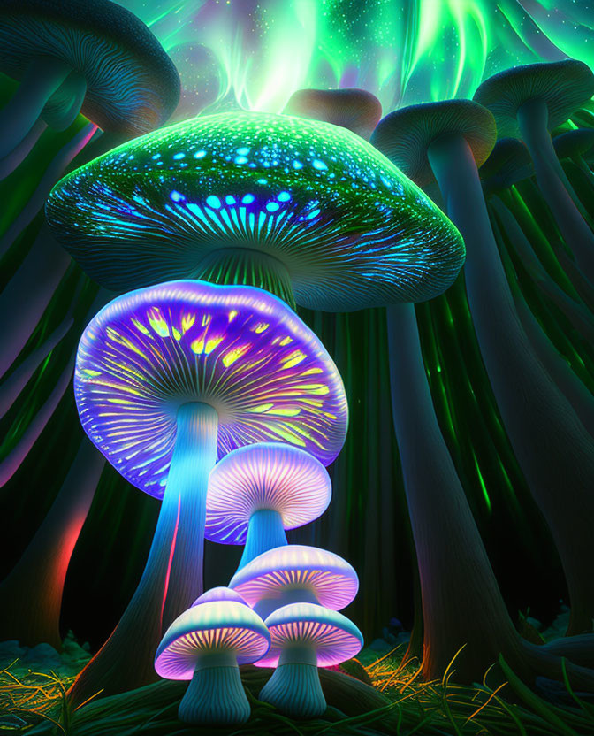 Bioluminescent mushrooms glow under green aurora in surreal forest