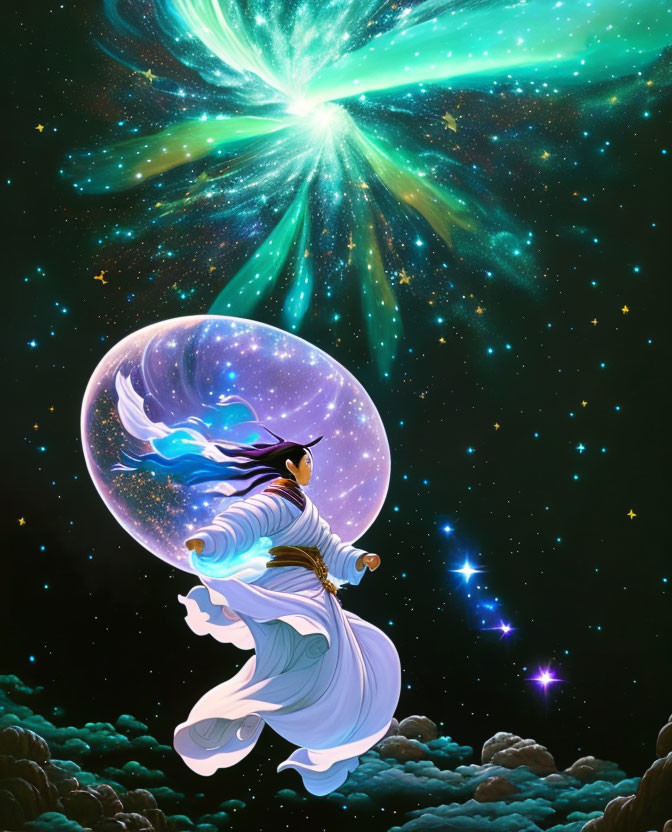 Stylized illustration of character floating in space with celestial body in protective bubble