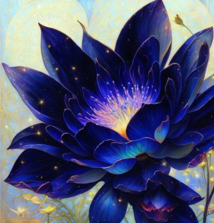 Lustrous blue lotus flower digital art with stars on golden background