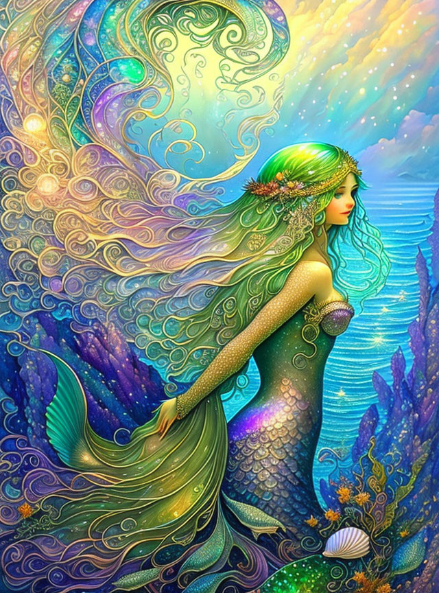 Colorful Mermaid Artwork with Flowing Hair and Shimmery Tail