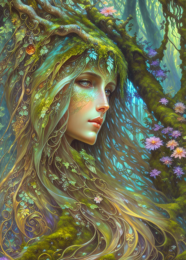 Fantastical female figure with tree-like features in enchanting forest landscape