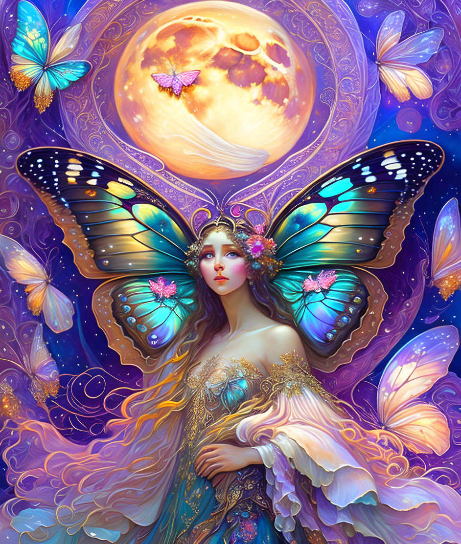 Fantasy illustration: Woman with butterfly wings under full moon