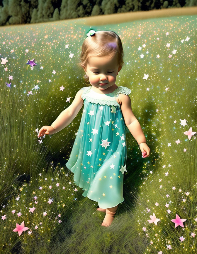 Toddler in Starry Blue Dress Roaming Flower-Filled Field