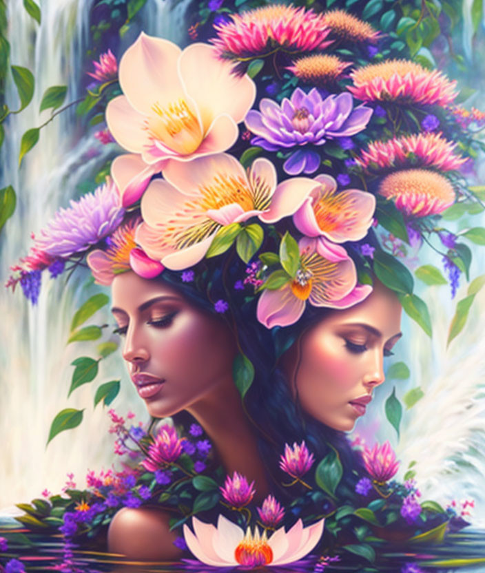 Digital Artwork: Two Women with Floral Hair in Waterfall Setting