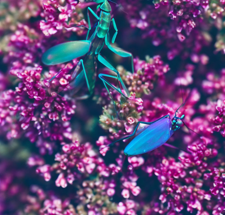 Digitally altered image of vibrant praying mantis on pink flowers