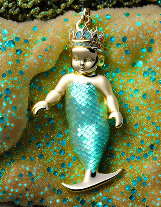 Golden Mermaid Figurine with Crown and Turquoise Tail on Glittery Background