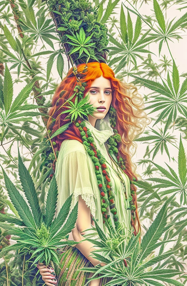 Woman with Vibrant Red Hair Surrounded by Cannabis Leaves in White Blouse