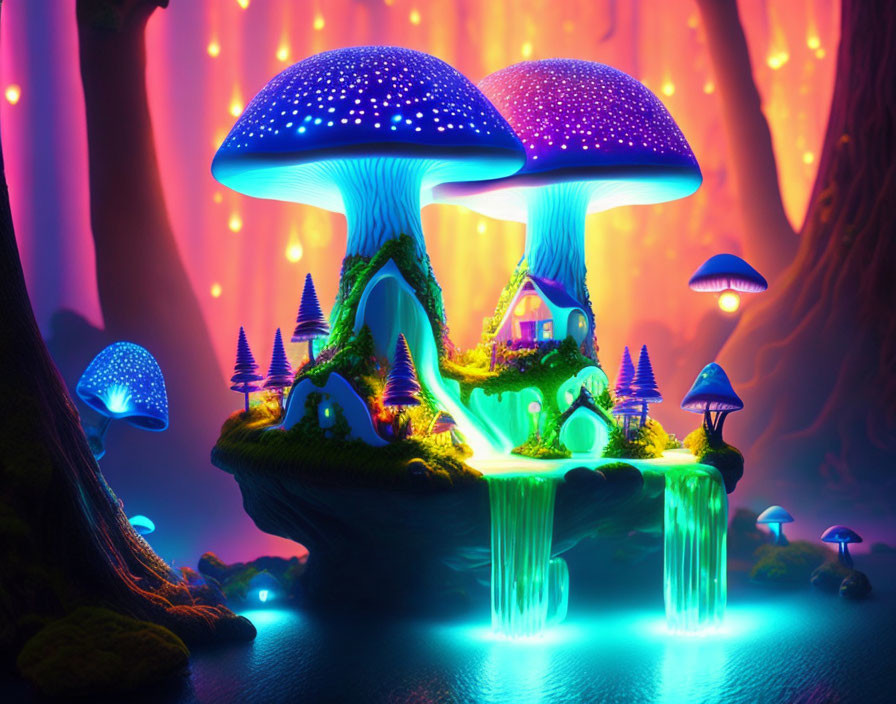 Glowing oversized mushrooms in whimsical village scene