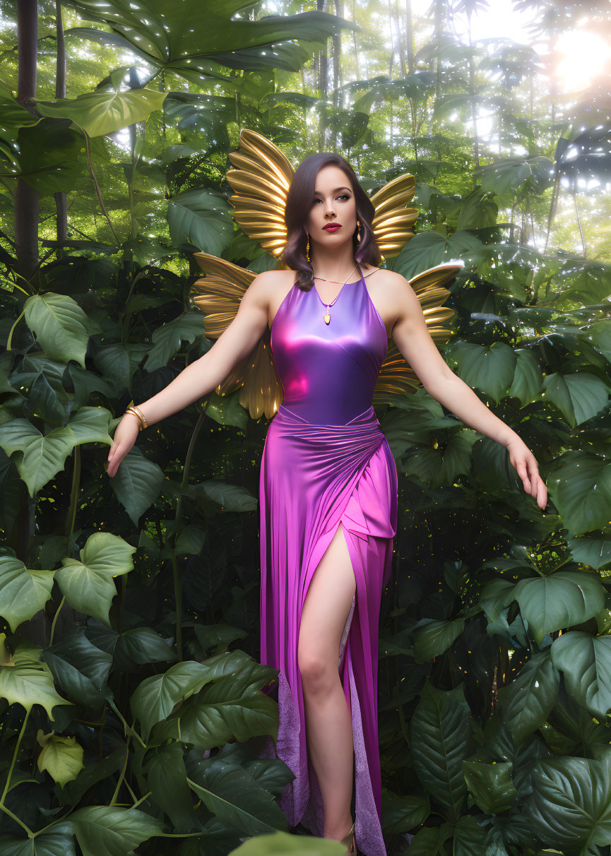 Woman in Purple Dress with Golden Wings Among Lush Greenery