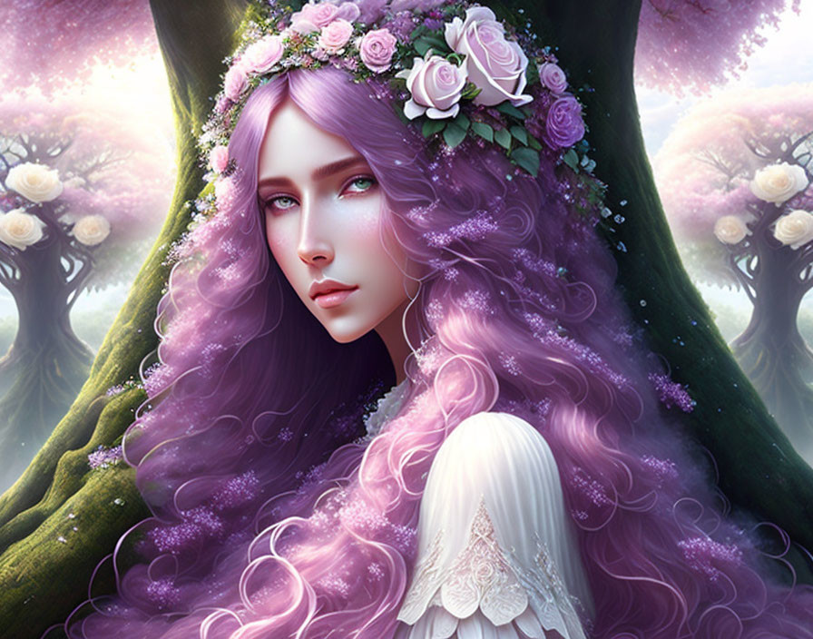 Fantasy portrait of woman with purple hair and floral crown in enchanted forest