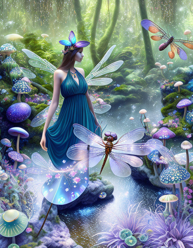 Fantasy scene: Woman with delicate wings in magical forest