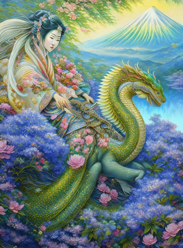 Ethereal woman in traditional attire playing stringed instrument on dragon in floral landscape