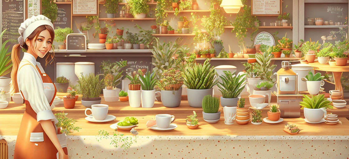 Smiling woman in chef's hat in cozy kitchen with plants and food