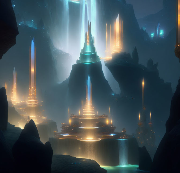 Mystical Sci-Fi City with Illuminated Spires in Dark Cavernous Setting