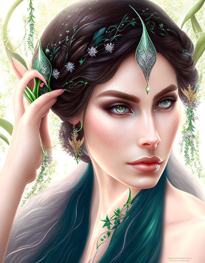 Fantasy makeup portrait of a woman with nature-themed decorations