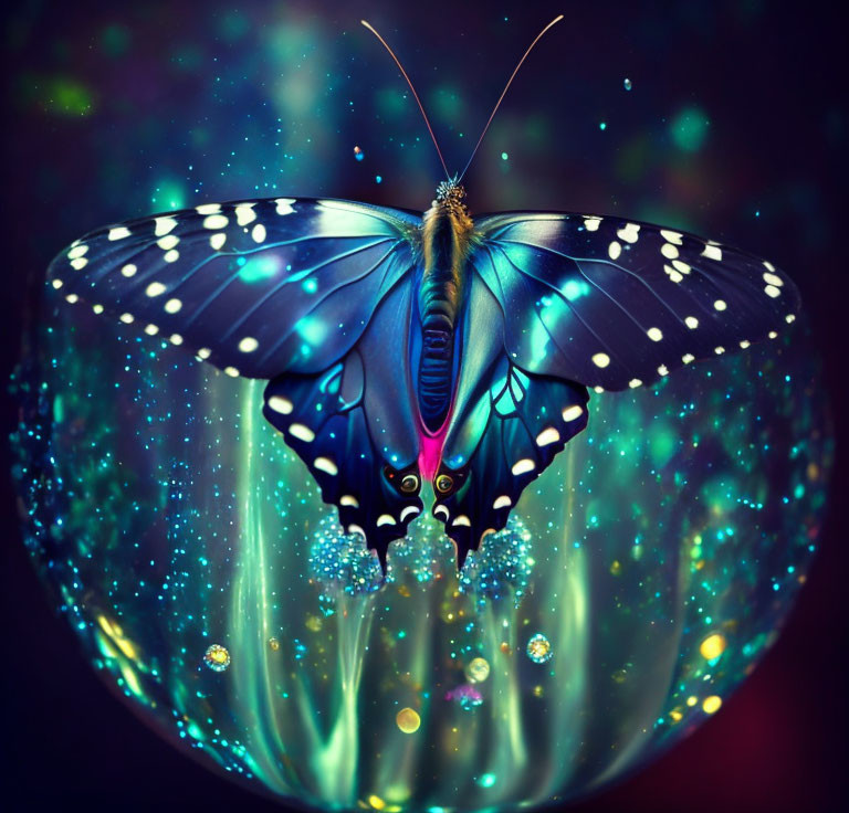 Colorful Butterfly on Surreal Bubble Landscape with Starry Sky