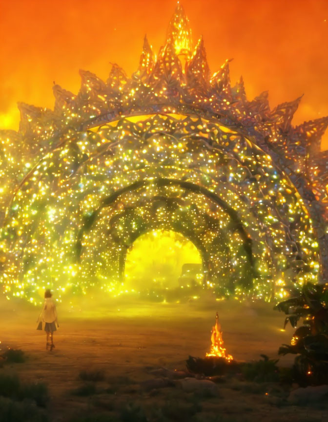 Fantastical landscape with ornate glowing gateway