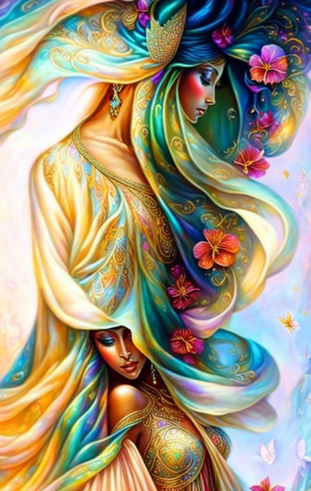 Colorful Artwork: Two Women in Elaborate Attire with Flowers and Butterflies