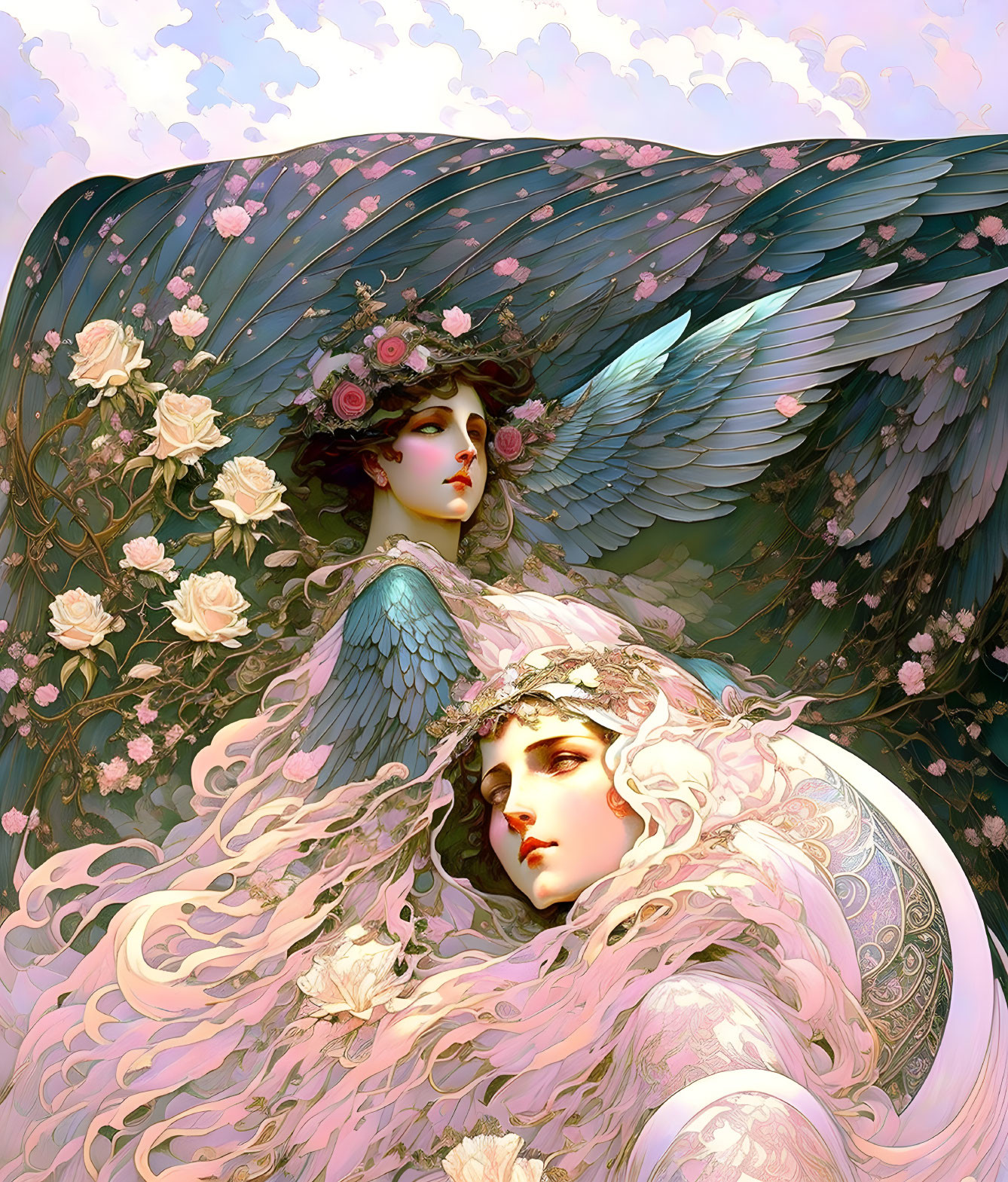 Ethereal beings with detailed flower-adorned wings in serene scene