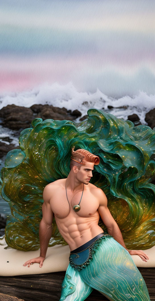 Merman figure with muscular build on surfboard by the sea