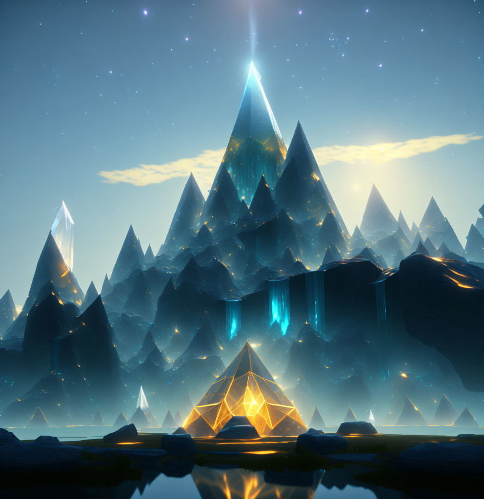 Digital art: Mountain range with glowing crystals under starry sky