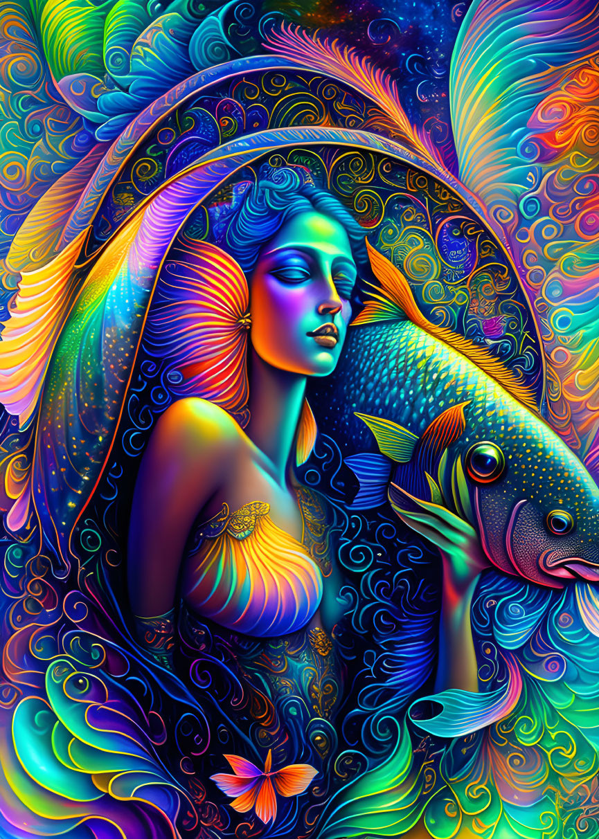 Colorful woman in psychedelic art style with large patterned fish