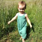 Toddler in Starry Blue Dress Roaming Flower-Filled Field