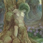 Fantastical female figure with tree-like features in enchanting forest landscape