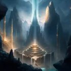 Mystical Sci-Fi City with Illuminated Spires in Dark Cavernous Setting