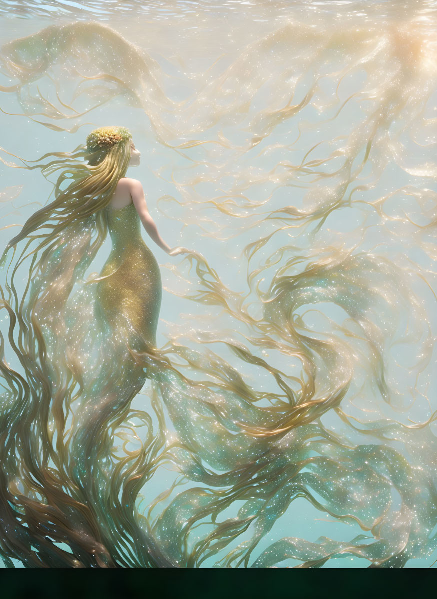 Ethereal mermaid with golden hair and shimmering tail swimming gracefully underwater