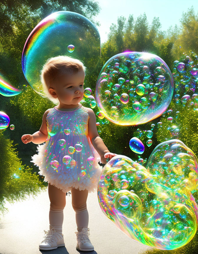 Toddler in Sparkly Dress Surrounded by Iridescent Bubbles