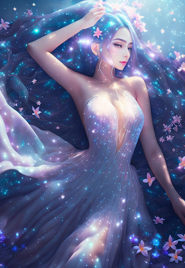 Ethereal woman with flowing hair and starry dress in celestial blue backdrop