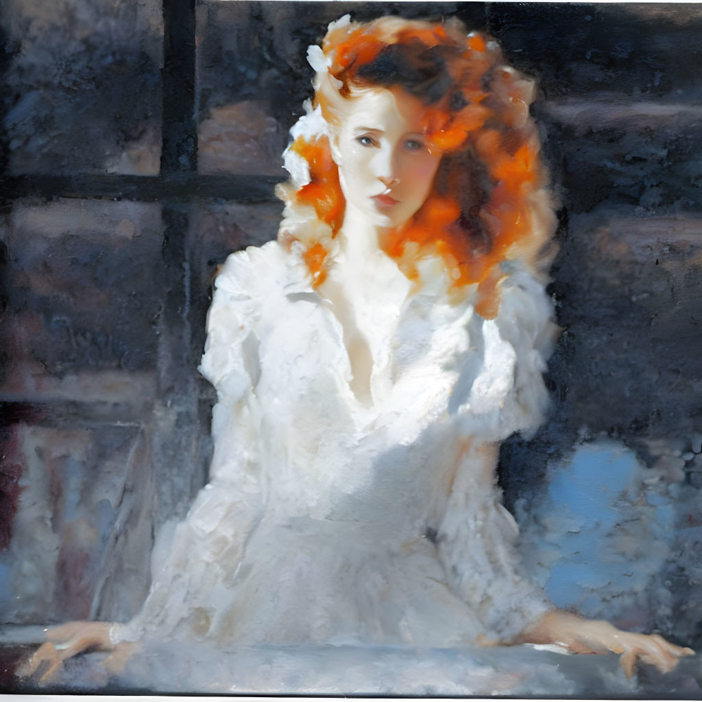 Fiery red-haired woman with white flowers behind wet glass pane