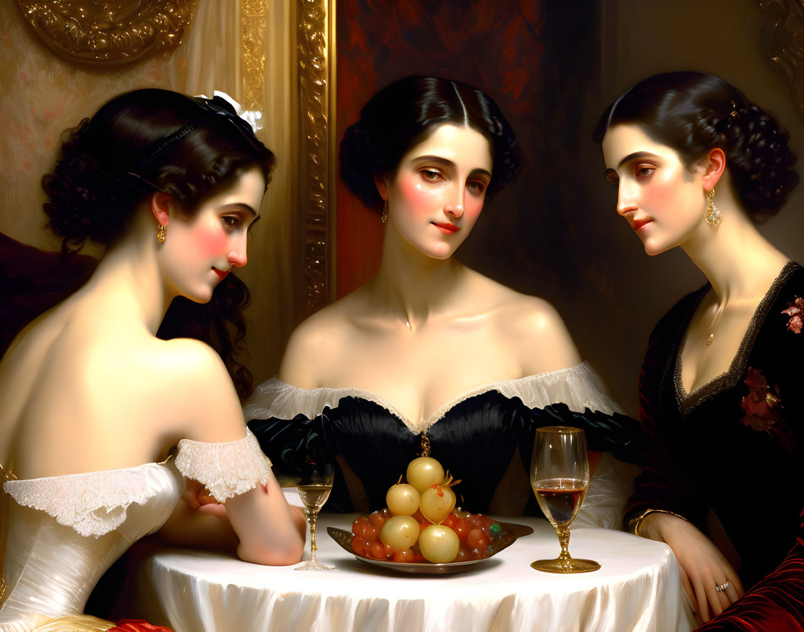 Vintage women in elegant attire at table with fruit and wine