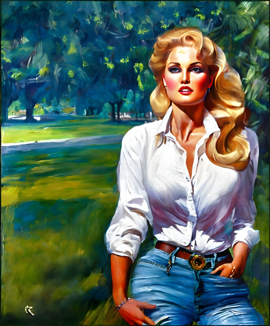 Blonde Woman in White Shirt and Denim Shorts Painting